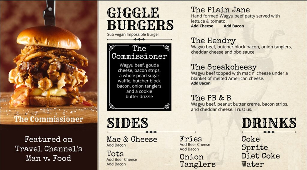 Giggle Burgers menu featuring 'The Commissioner' - a towering burger with Wagyu beef, gouda cheese, bacon strips, sugar pearl waffle, butcher block bacon, onion tanglers and cookie butter drizzle. Left side shows appetizing photo of the stacked burger. Menu lists other burgers including The Plain Jane, The Hendry, The Speakcheesy, and The PB & B, plus sides (Mac & Cheese, Tots, Fries, Onion Tanglers) and drinks. Note states 'Featured on Travel Channel's Man v. Food' and offers vegan Impossible Burger substitute.